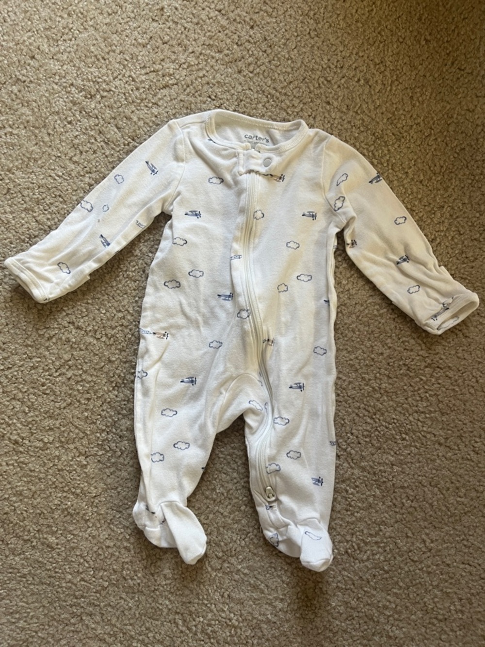 Carter's White Footed One-Piece with Blue Cloud & Airplane Print